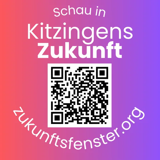 Aufkleber „Schau in Kitzingens Zukunft“ mit QR-Code zu zukunftsfenster.org